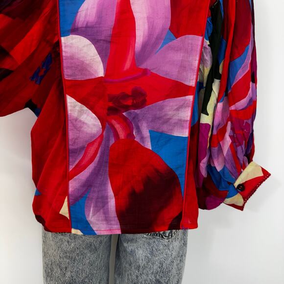 Farm Rio Watercolor Floral 3/4 Balloon Sleeve  Blouse Button-Down Top S - Picture 7 of 10